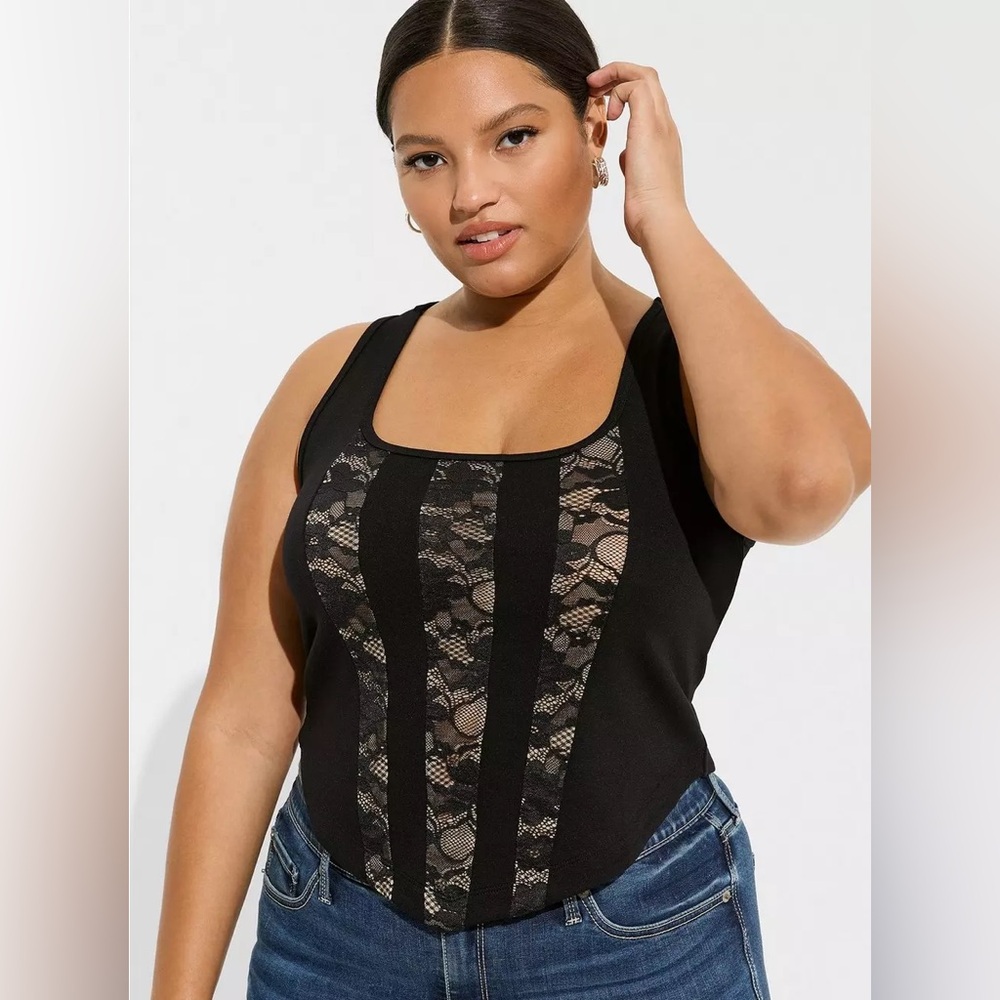 Torrid Ponte Square Neck Lace Corset Top Deep Black NWT
